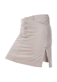 Beige skirt made of lightweight fabric, featuring a panel design, front button closure, and side slits for mobility.