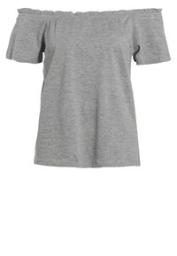 Light gray off-the-shoulder top with short sleeves, made of soft fabric, featuring a ruffled neckline and a relaxed fit.