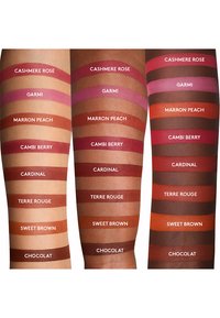 Tre braccia mostrano diversi campioni di rossetto su tonalità di pelle. I colori includono toni di rosa, rosso e marrone, con i nomi visualizzati sotto ogni campione.