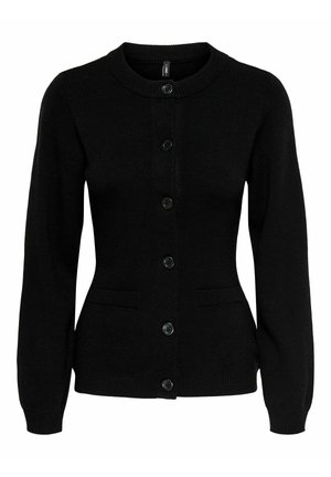 Juodas megztinis iš megztos medžiagos, su ilgomis rankovėmis, apvaliu kaklu, priekine sagų uždarymo sistema ir dviem šoninėmis kišenėmis.