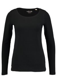 Schwarzes Langarm-T-Shirt mit rundem Halsausschnitt. Aus glattem Stoff gefertigt, mit minimaler Naht und einem kleinen Etikett nahe dem Saum.