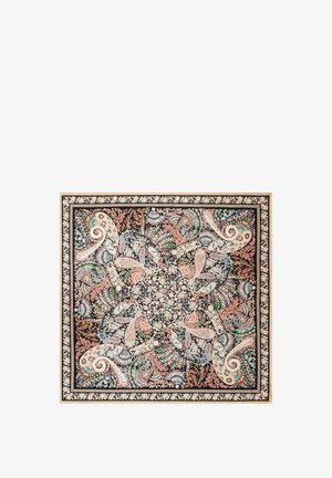 Square fabric with intricate paisley, floral, and leafy patterns in black, beige, peach, green, and blue tones with a floral border.