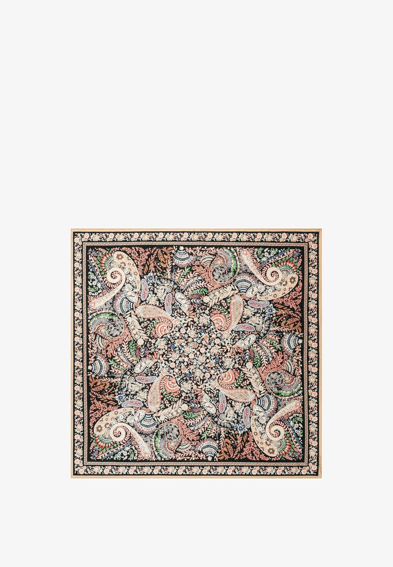 Quadratisches Tuch mit komplizierten Paisley-, Blumen- und Blattmustern in Schwarz, Beige, Pfirsich, Grün und Blautönen, umrahmt von einem Blumenrand.