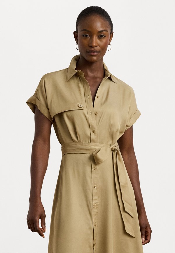Belted Twill Short Sleeve Shirtdress - Shirt dress - camel