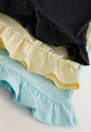 Satz von vier Baumwolloberteilen mit Rüschensaum in Marineblau, Hellgelb und zwei Blautönen, mit gerafftem Besatz und weicher Textur.