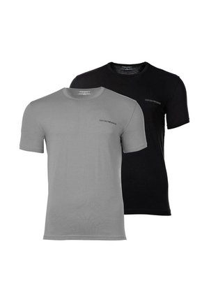 Dwie gładkie koszulki z okrągłym dekoltem Emporio Armani, jedna szara, druga czarna, prezentowane na białym tle.