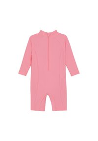 Maillot de bain court à manches courtes rose avec un col haut et fermeture éclair. Fabriqué en matériau extensible, avec une texture lisse et une coupe arrivant aux genoux.