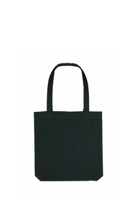 Borsa a tracolla nera in tela con due manici robusti, forma rettangolare e fondo piatto. Texture liscia, senza motivi o accenti visibili.