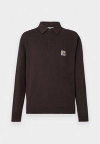 Long-sleeve, dark brown polo shirt made of soft fabric. Features a collared neckline, three-button placket, and a small logo patch.