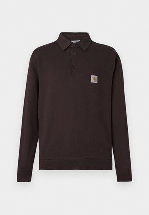 Long-sleeve, dark brown polo shirt made of soft fabric. Features a collared neckline, three-button placket, and a small logo patch.