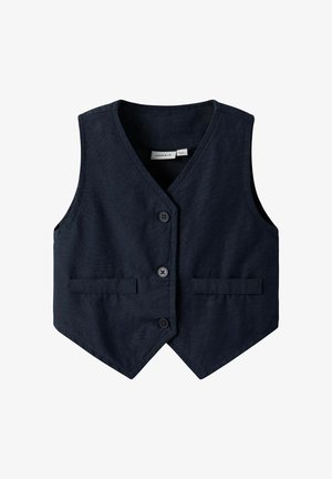 Gilet blu navy in tessuto strutturato, con scollatura a V, quattro bottoni e due tasche frontali, caratterizzato da un orlo affilato e appuntito.