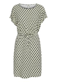 Kurzarmkleid in hellem Creme mit schwarzem geometrischen Muster. Hat einen runden Halsausschnitt und eine verstellbare Kordelzug-Taille. Glatte Stoffstruktur.