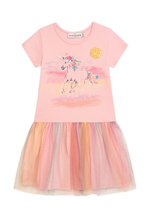 Rosa Baumwollkleid mit Einhorn-Print, Glitzerelementen, kurzen Ärmeln und einem mehrlagigen Tüllrock in Pastellfarben mit Glitzereffekten.