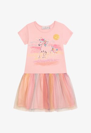 Rosa Baumwollkleid mit Einhorn-Print, Glitzerelementen, kurzen Ärmeln und einem mehrlagigen Tüllrock in Pastellfarben mit Glitzereffekten.
