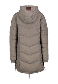 Gevoerde jas in lichtgrijs, met een chevron-gequilt ontwerp, een capuchon, geribde manchetten en een trekkoord aan de onderkant. Achteraanzicht met logo-label.