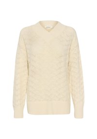 Off-white gebreide trui met een V-hals, voorzien van een ingewikkeld ruitpatroon en geribbelde boorden en zoom. Textuur, lichtgewicht stof.