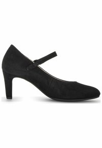 Scarpa Mary Jane in suede nero con punta rotonda, una fascia sopra l'arco e tacco moderato. Texture liscia e design semplice.