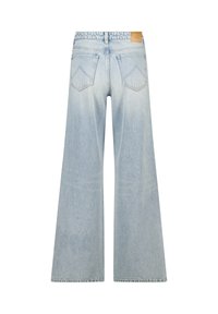 Light blue wide-leg jeans made of denim, featuring a high waist, two back pockets with stitched accents, and a leather tag at the waistband.