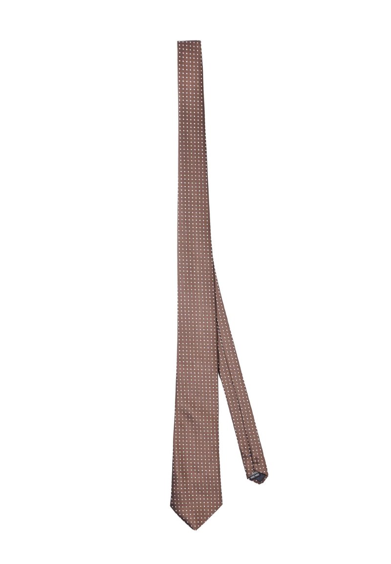 Cravatta di seta marrone con pois bianchi, forma stretta, texture liscia e punta a forma di freccia.