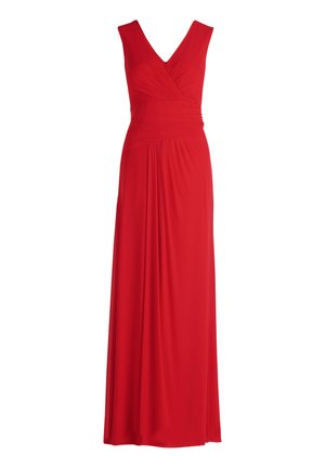Rød, ærmeløs maxikjole med V-udskæring, draperet stof ved taljen og flødende nederdel. Lavet af blødt, strækbart materiale.