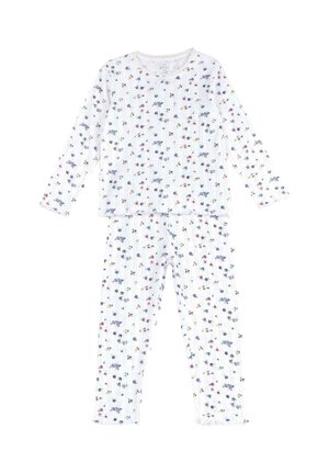 Ensemble de pyjama en coton blanc comprenant un haut à manches longues et un pantalon, avec un motif floral et une texture côtelée. Encolure bordée et poignets à volants.