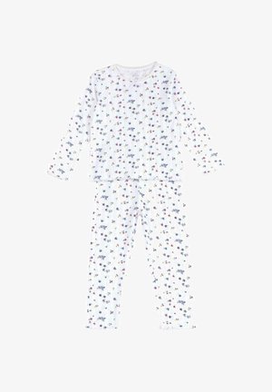 Witte katoenen pyjamaset met lange mouwen en broek, voorzien van een bloemenpatroon en een geribbelde textuur. Getrimde halslijn en gerimpelde manchetten.