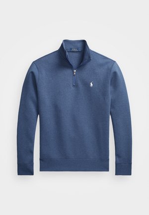 Męski niebieski pulower z zamkiem do ćwiartki, ze stojącym kołnierzem oraz białym logo Polo Ralph Lauren na lewej piersi.