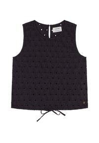 Zwarte mouwloze top met een textuurdesign, featuring driehoekige uitsparingen, een keyhole-sluiting aan de achterkant en een strikdetail aan de zoom.