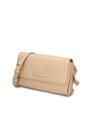 Beige rechthoekige crossbodytas met krokodillenpatroon, verstelbare band en klep aan de voorkant.