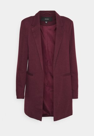 Burgundy blazer, long sleeves, slim-fit design, two front pockets, single button closure, smooth texture, fully lined interior.