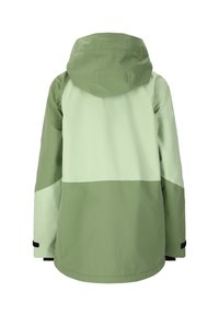 Vihreä vedenpitävä takki hupulla, jossa on kahden sävyn muotoilu tummemmista ja vaaleammista väreistä, sekä kontrastiväriset mustat yksityiskohdat hihoissa.