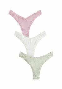 Drei Paare Damenstring-Unterwäsche: rosa, weiß und hellgrün mit Blumendessin. Alle mit Spitzenbesatz und weichem Stoff.