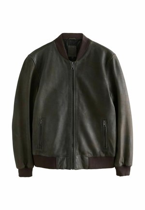 Braune Lederbomberjacke mit einem Reißverschluss vorne, geripptem Kragen und Bündchen. Verfügt über zwei seitliche Reißverschlusstaschen und eine glatte Textur.