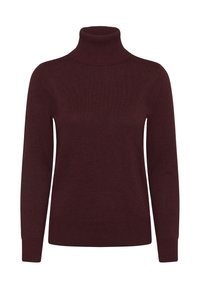 Burgundi turtleneck pulóver puha anyagból, bordázott gallérral, hosszú ujjakkal és sima textúrájú, testhezálló fazonnal.