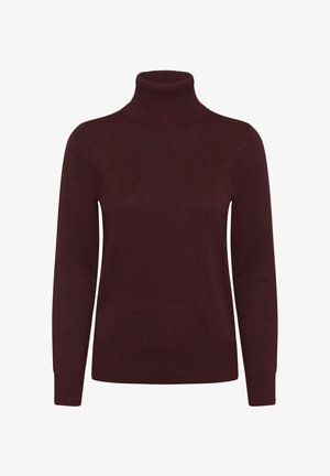 Pull col roulé bordeaux en tissu doux, avec un col côtelé, des manches longues et une coupe ajustée avec une texture lisse.