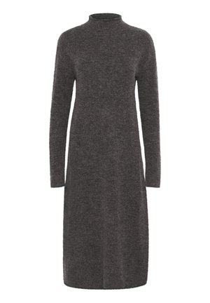 Long-sleeve, high-neck dress made of soft, dark gray fabric. Features a straight silhouette and subtle texture throughout.