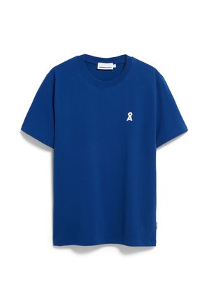 Blauwe katoenen t-shirt met een ronde halslijn, korte mouwen en een klein wit logo op de borst. Soepele textuur, regular fit.