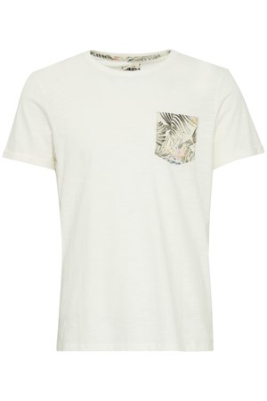 T-shirt blanc à manches courtes avec une poche poitrine ornée d’un imprimé discret de feuilles tropicales.