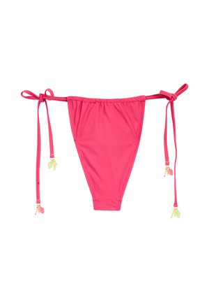 Rosa Bikiniunterteil mit verstellbaren Bändern auf beiden Seiten. Verziert mit dekorativen Charms in Grün und Pink an den Enden der Bänder. Aus glattem, dehnbarem Material.