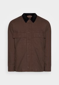 Brown jacket with black corduroy collar, front flap pockets, long sleeves, and concealed front button closure.