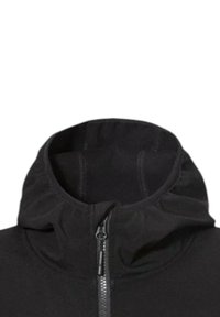 Giacca nera con zip e cappuccio aderente, realizzata in materiale morbido e elasticizzato. Presenta cuciture piatte e una texture liscia.