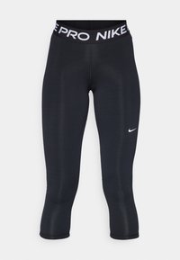 Leggings Capri Nike Pro noirs avec une coupe ajustée, une taille élastiquée ornée d'un logo blanc, et un tissu lisse et extensible.