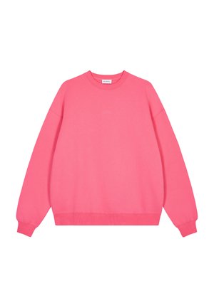 Pink sweatshirt made of soft fabric, featuring a round neckline, long sleeves, and ribbed hem and cuffs for a relaxed fit.