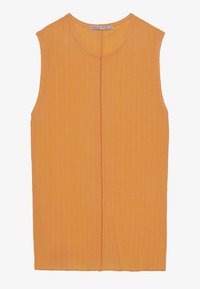 Sleeveless top in bright orange with vertical ribbed texture, round neckline, and central seam detailing. No fastenings or additional accents.