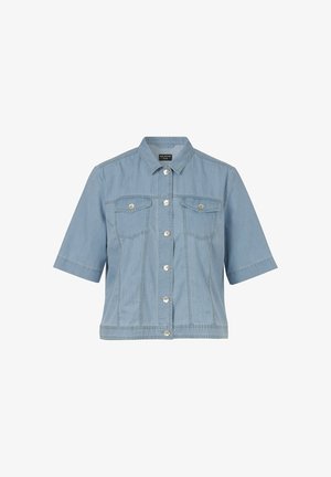 Hellblaue kurze Jeansjacke mit Frontknöpfen, zwei Brusttaschen mit Knopfklappen und klassischem Kragen.