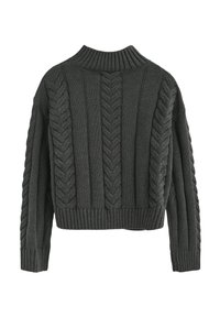 Maglione lavorato a maglia grigio scuro con colletto a coste, motivo a treccia e design cropped. Maniche lunghe con polsini e orlo a coste.