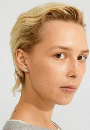 Ronde zilveren stud oorbellen in het oor van een model, met een gladde metallic afwerking en subtiele glans, tegen een neutrale achtergrond.