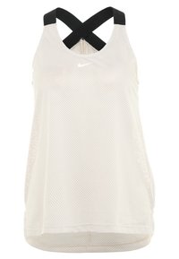 Witte mesh sporttanktop met zwarte gekruiste bandjes. Met een losse pasvorm, afgeronde zoom en het Nike-logo aan de voorkant. Ademend materiaal.