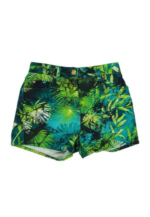 Korte damesshorts met groen en blauw tropisch bladerenprint en gouden knoop- en klinknagel details.