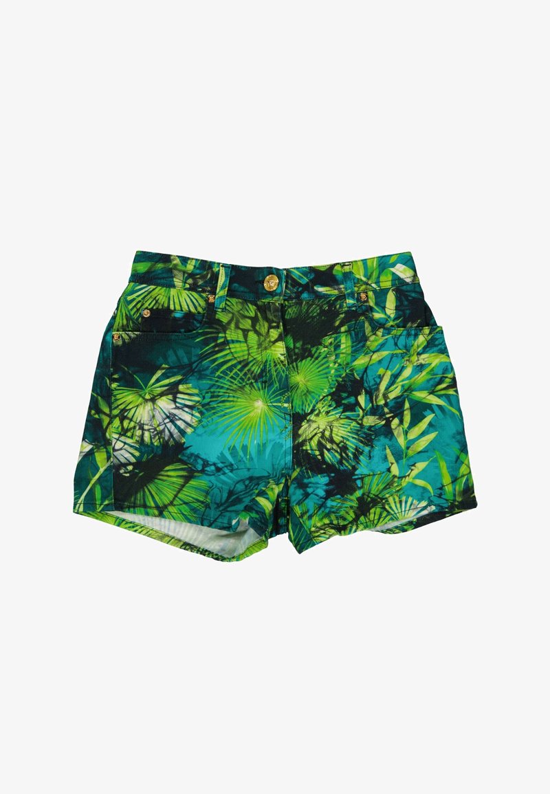 Shorts courts pour femmes à imprimé feuilles tropicales vertes et bleues avec détails boutons et rivets dorés.